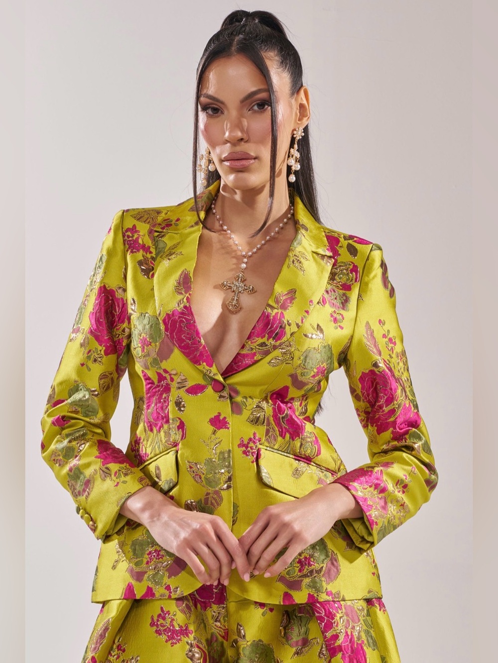 BUY MYSELF FLOWERS BROCADE BLAZER IN LIME